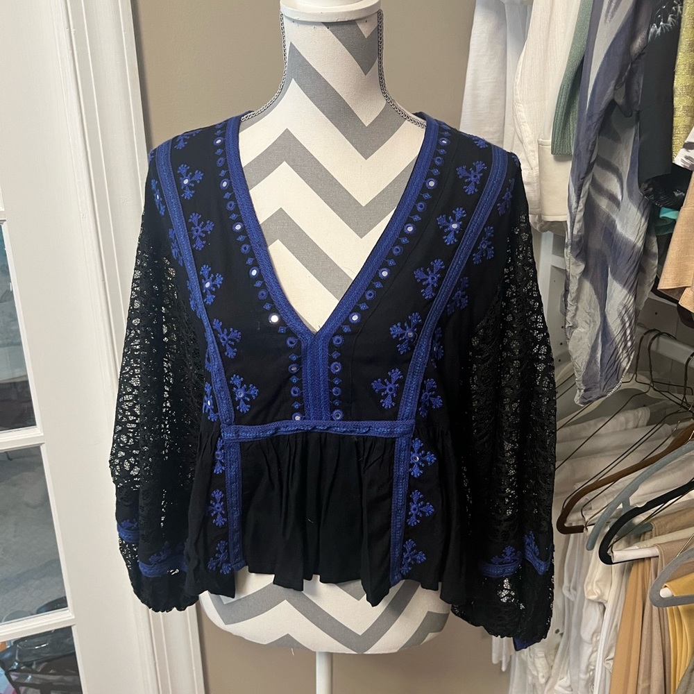 Free People Embellished Peasant Blouse Top